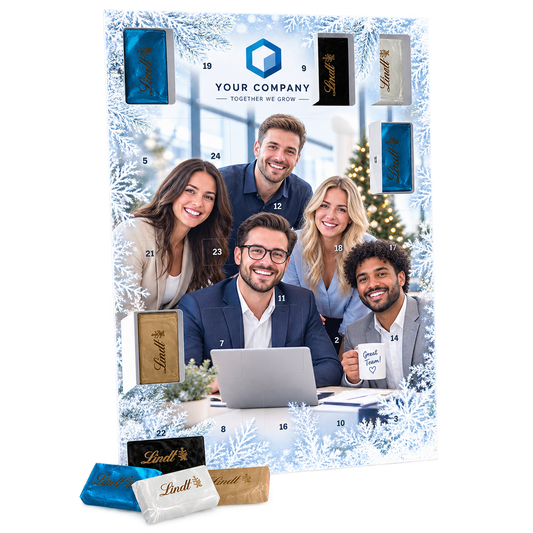 Firmen-Adventskalender mit Lindt-Schokolade im Hochformat