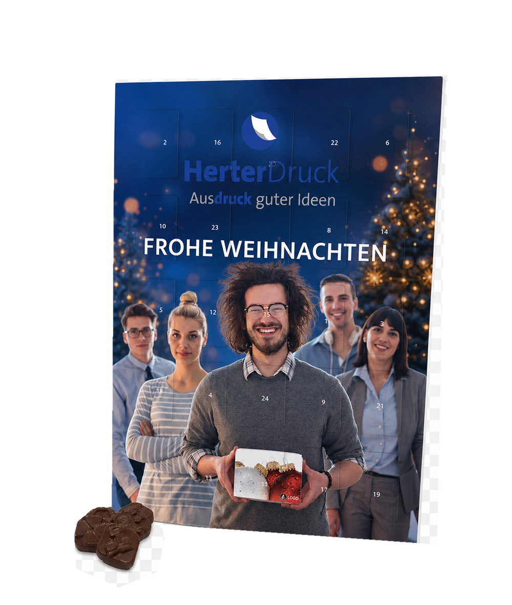 Firmen-Adventskalender Großformat Hochformat mit Teamfoto, Logo und Weihnachtsgruß