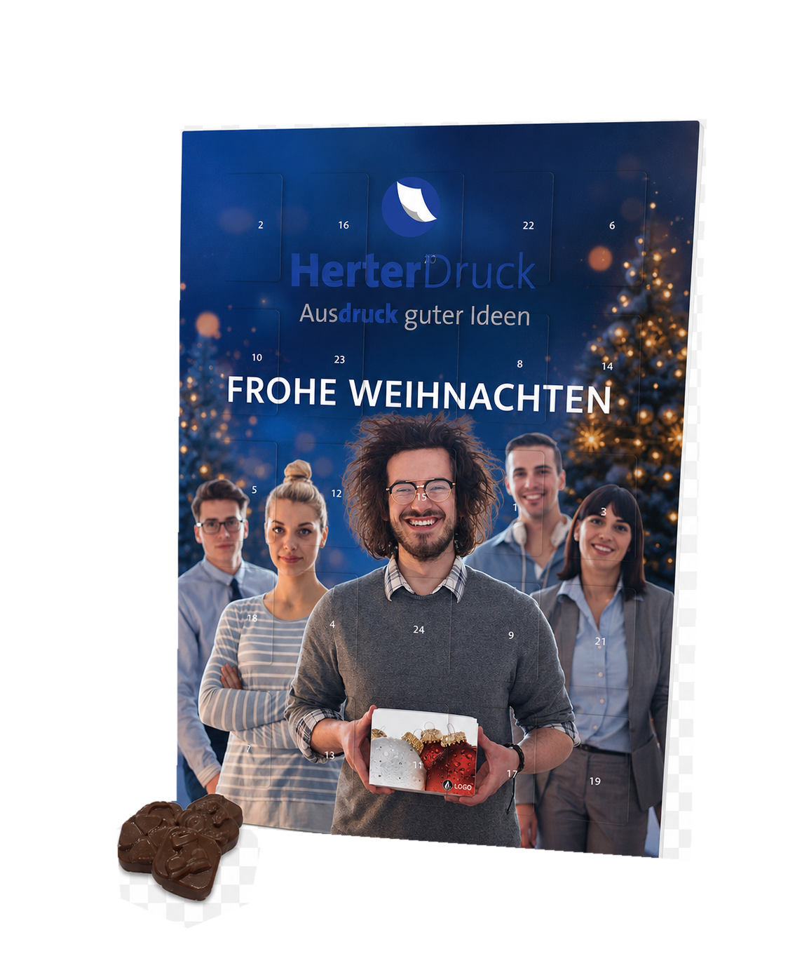 Firmen-Adventskalender Großformat Hochformat mit Teamfoto, Logo und Weihnachtsgruß