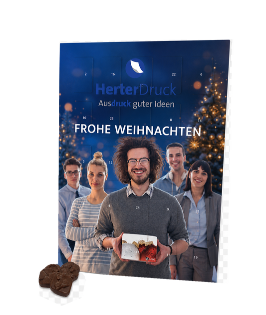 Firmen-Adventskalender Großformat Hochformat mit Teamfoto, Logo und Weihnachtsgruß
