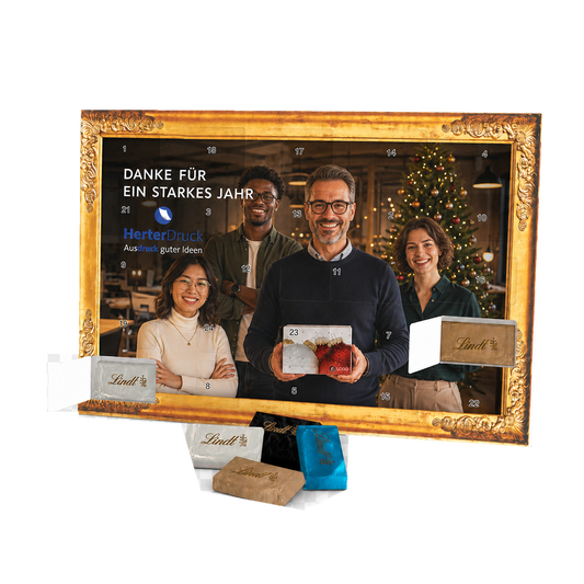 Firmen-Adventskalender mit Lindt Schokolade im Querformat, Teamfoto und Logo