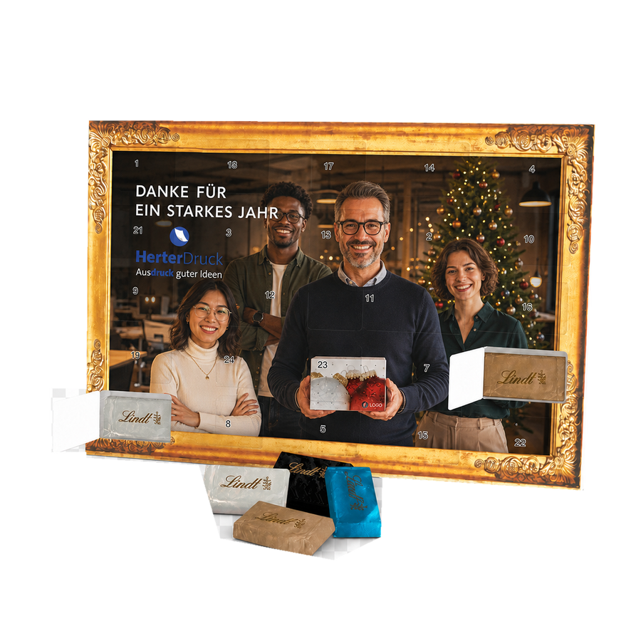 Firmen-Adventskalender mit Lindt Schokolade im Querformat, Teamfoto und Logo