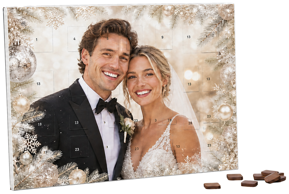 Foto-Adventskalender Großformat Querformat mit winterlichem Hochzeitsmotiv und Gubor-Schokolade