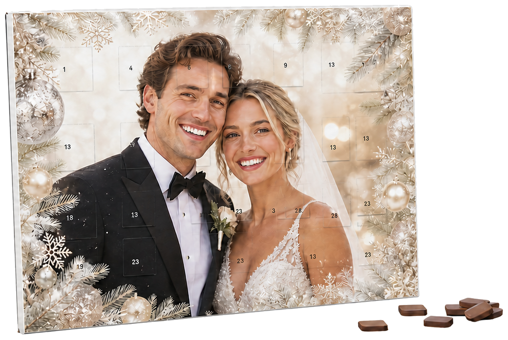 Foto-Adventskalender Großformat Querformat mit winterlichem Hochzeitsmotiv und Gubor-Schokolade